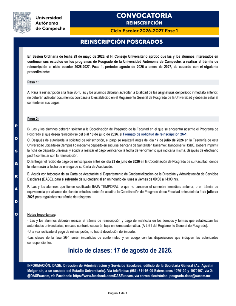 Convocatoria de Reinscripción Posgrado 26-1